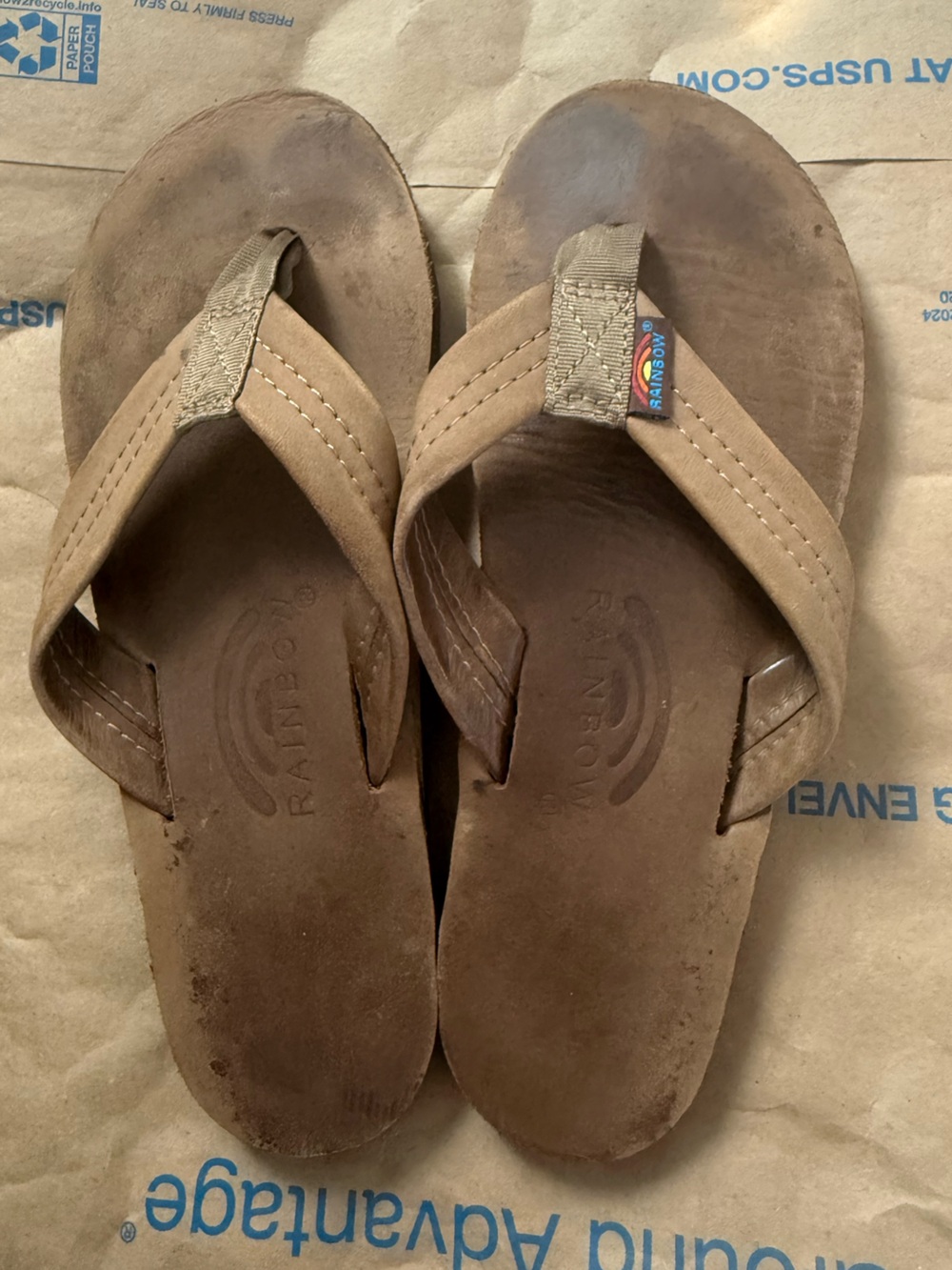 Rainbow Brown Leather Thong Sandals with Canvas Accents